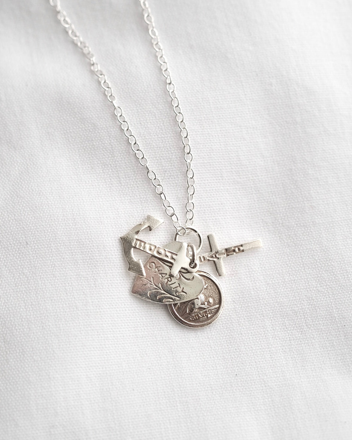 Vintage Silver Faith Hope Charity Charm Necklace