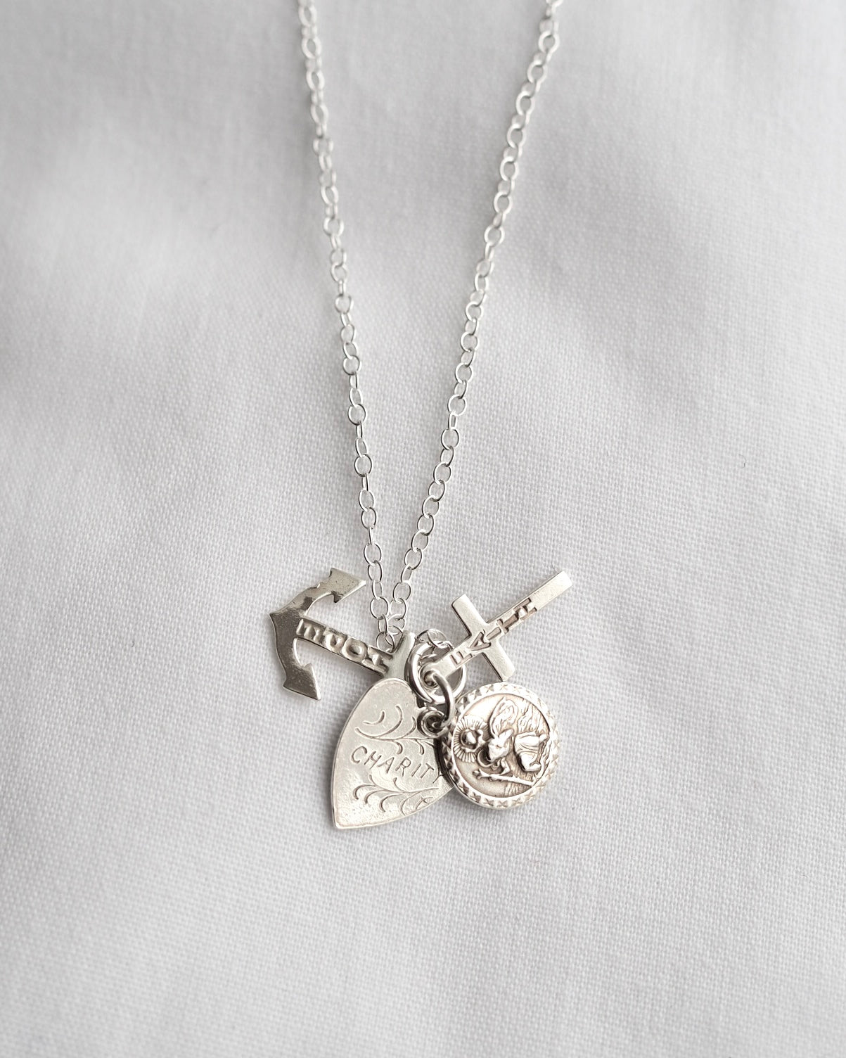 Vintage Silver Faith Hope Charity Charm Necklace