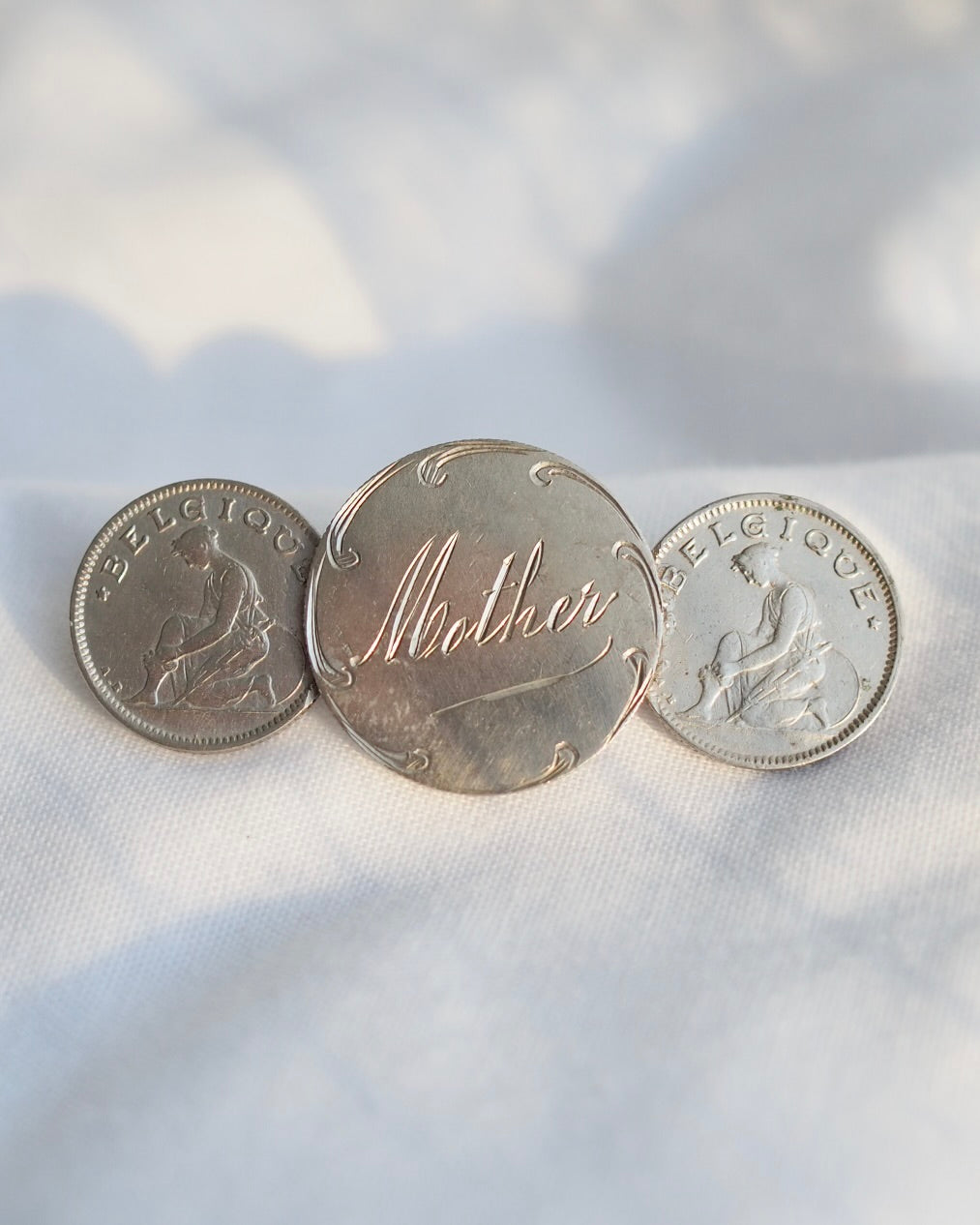 Vintage Engraved Coin Brooch ‘Mother’