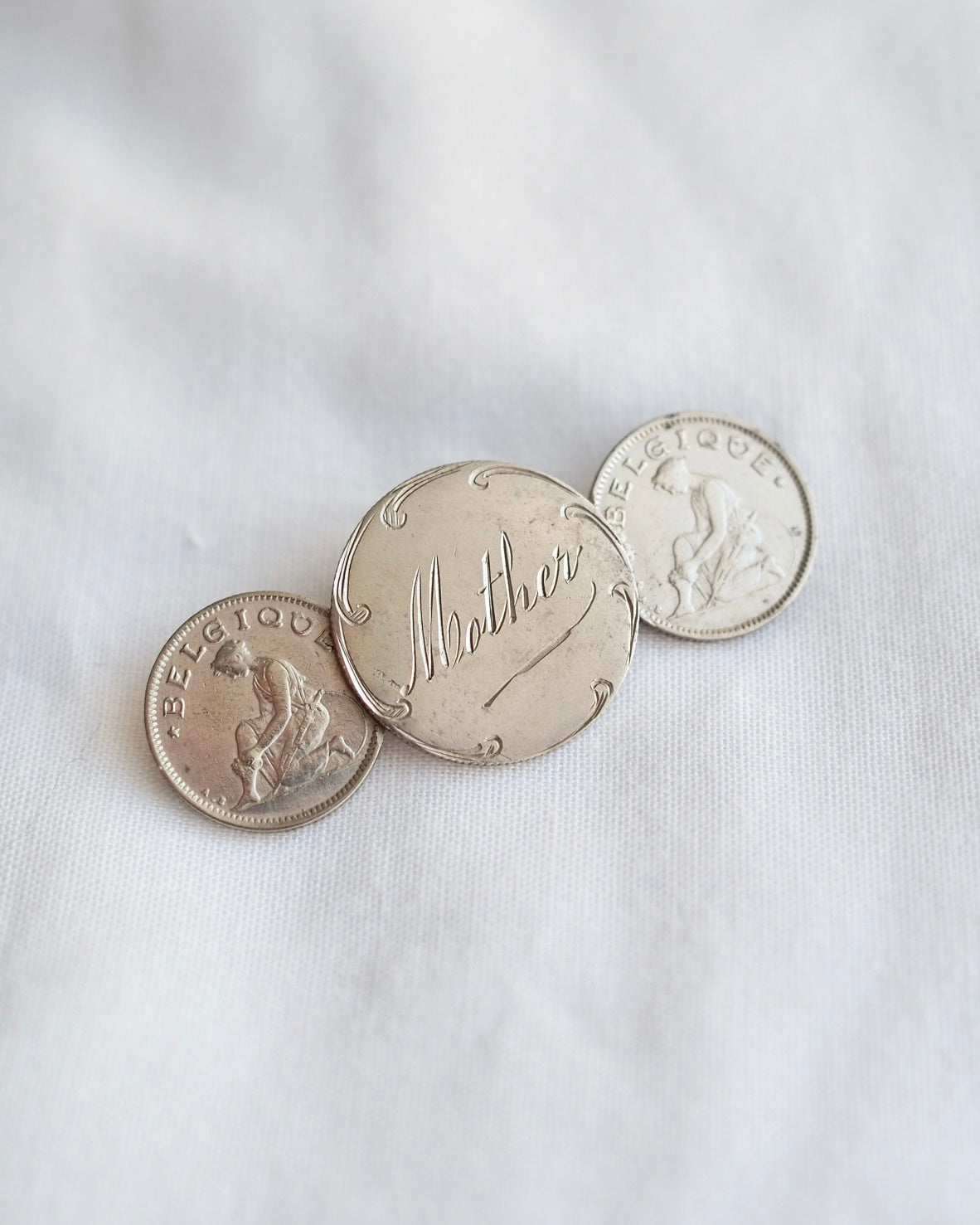 Vintage Engraved Coin Brooch ‘Mother’