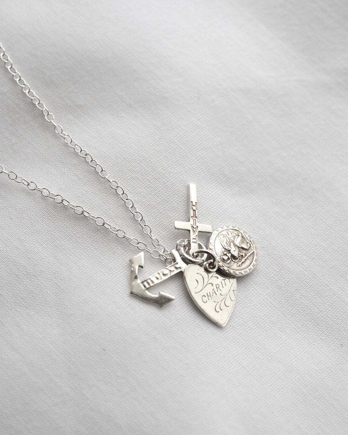 Vintage Silver Faith Hope Charity Charm Necklace