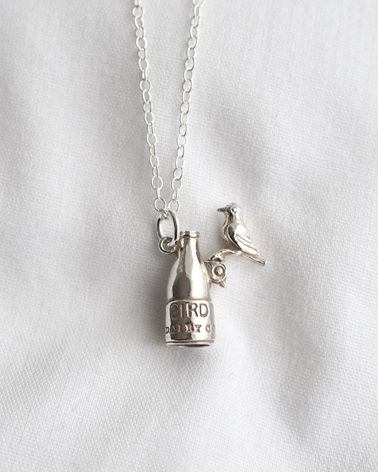 Vintage Silver Bird and Milk Bottle Charm Necklace