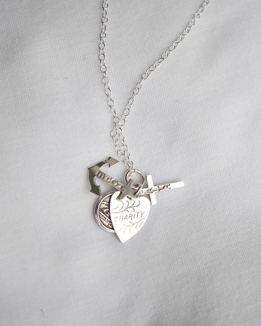 Vintage Silver Faith Hope Charity Charm Necklace