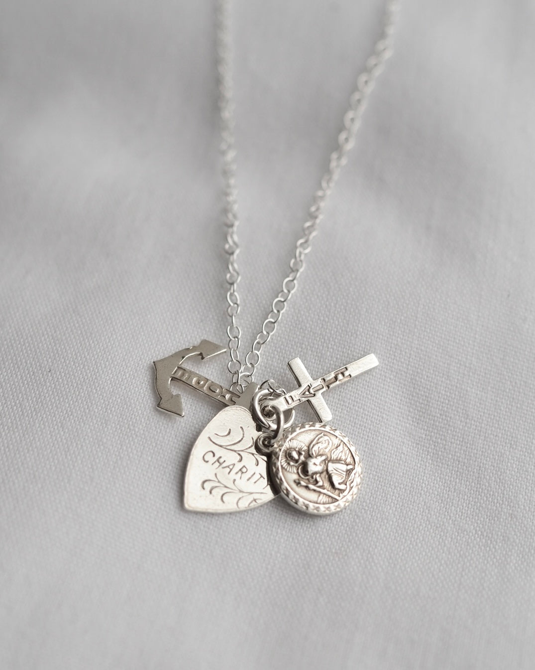 Vintage Silver Faith Hope Charity Charm Necklace